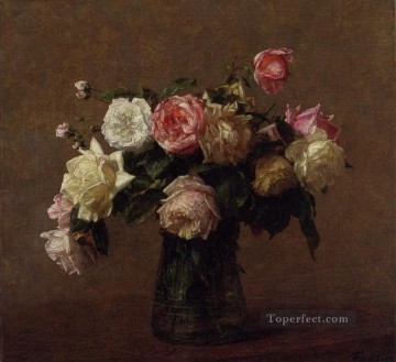  roses Oil Painting - Bouquet of Roses flower painter Henri Fantin Latour
